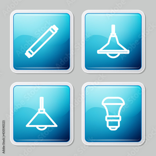 Set line Fluorescent lamp, Chandelier, Lamp hanging and LED light bulb icon. Vector
