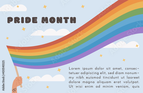 Vector Banner with place for text. Hand with lesbian tattoo holding LGTB flag during pride month celebration on blue sky background. Gay parade celebration. Template for pride day. Flat Illustration.