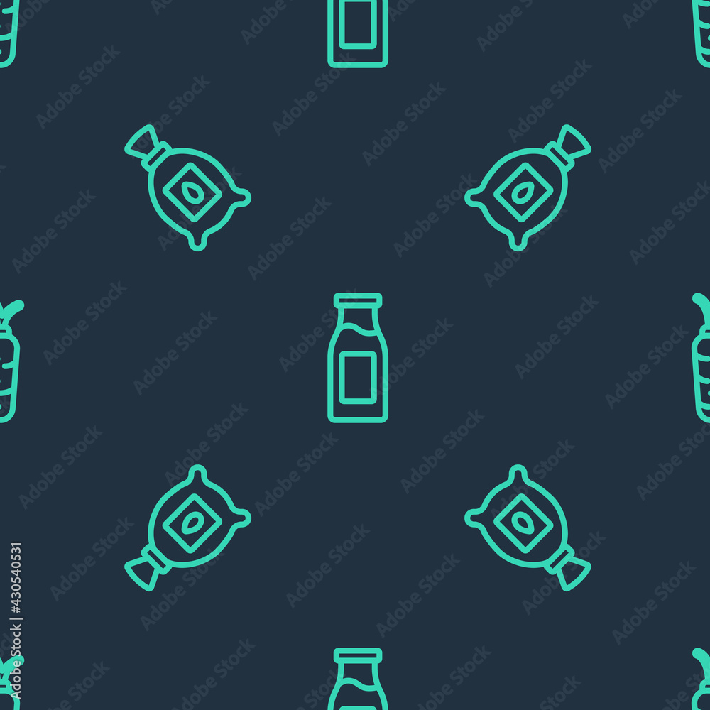 Set line Bottle with milk, Pack full of seeds of plant and Carrot on seamless pattern. Vector Set line Bottle with milk, Pack full of seeds of plant and Carrot on seamless pattern. Vector