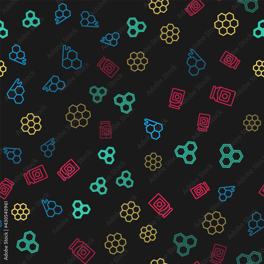 Set line Honeycomb, , and Jar of honey on seamless pattern. Vector