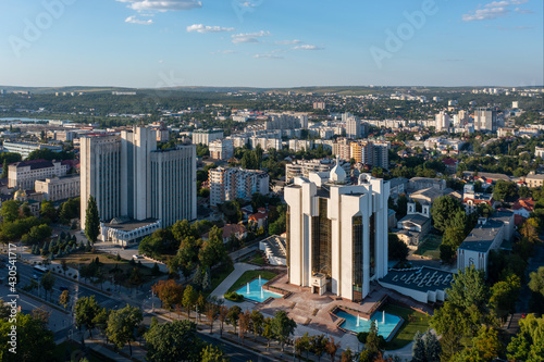 Aerial drone view of Presidency building with at sunrise in chisinau with blue sky, Moldova