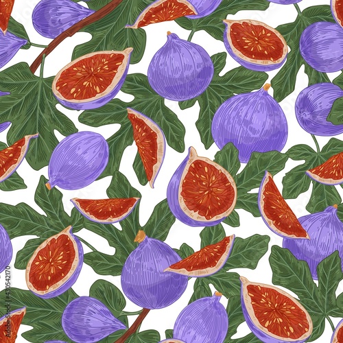 Fototapeta Naklejka Na Ścianę i Meble -  Seamless pattern with fig fruits and leaves on white background. Endless repeatable design with natural food for printing. Colored hand-drawn vector illustration for wrapping in vintage style