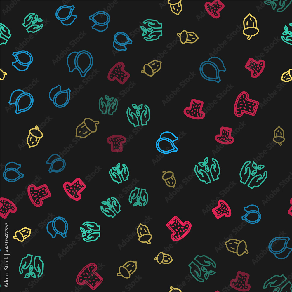 Set line Pumpkin seeds, Plant hand, Acorn, oak nut, and Bread toast on seamless pattern. Vector Set line Pumpkin seeds, Plant hand, Acorn, oak nut, and Bread toast on seamless pattern. Vector