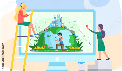 Computer screen with girl caring for Earth flower. Female character planting tulip. People work with conceptual banner on environmental theme. Planet with modern buildings skyscrapers and cars