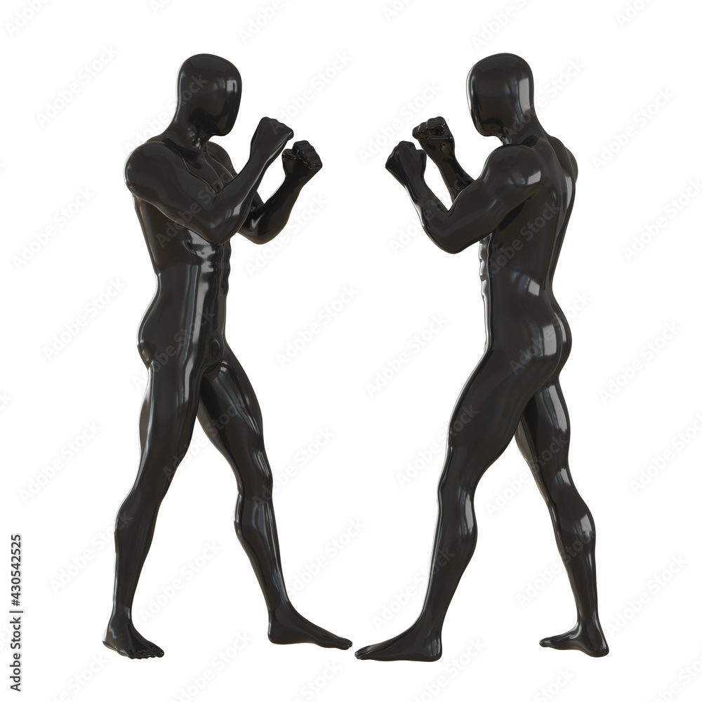 Two black male dummies stand opposite each other with their hands in fists. Sparing pose. 3d rendering Two black male dummies stand opposite each other with their hands in fists. Sparing pose. 3d rendering