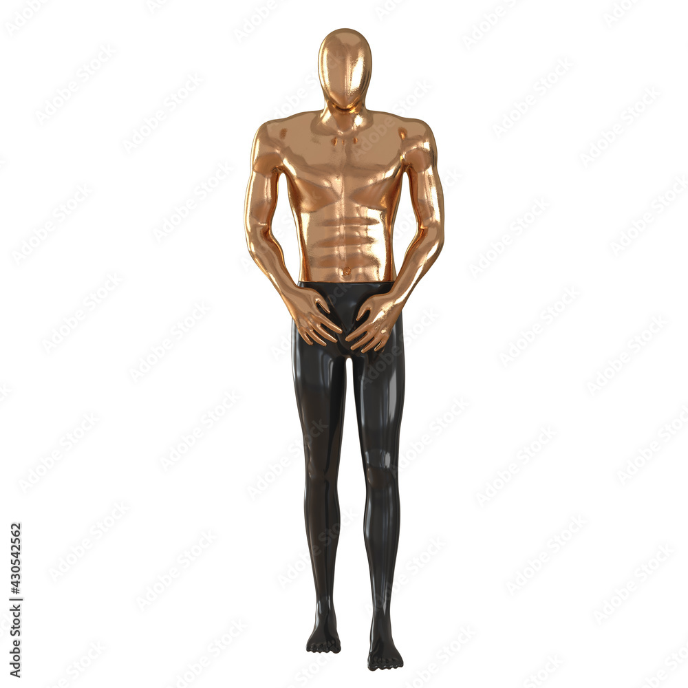 Male abstract mannequin golden top and black bottom in the pose of a walking man on a white background.
