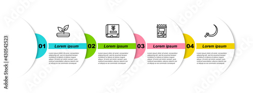 Set line Sprout, Book about seeds, Pack full of of plant and Sickle. Business infographic template. Vector