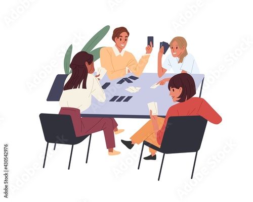 People playing board game at office desk. Team building and informal job entertainment concept. Colleagues and corporate boardgames. Colored flat vector illustration isolated on white background