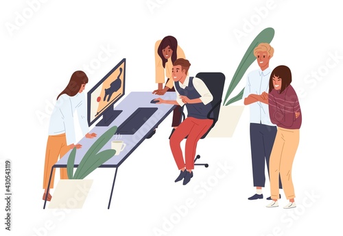 People having fun, laughing and watching funny videos in office. Colleagues spending time, entertaining together at workplace. Colored flat vector illustration of happy workers isolated on white