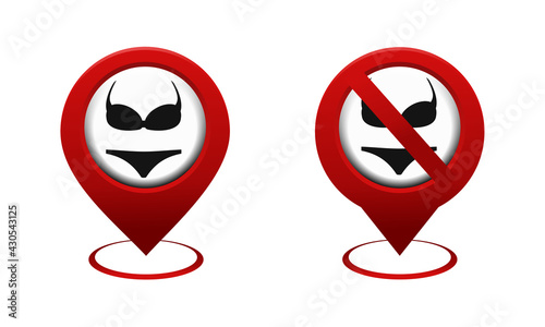Set of map pointer with bikini and underwear icon. Red map pin. Nude people only. No entry in swimsuits. Naturism location. Illustration vector