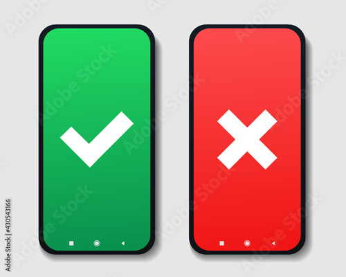 Set of check mark and cross icon symbol on smartphone screen.  Yes and No buttons. Green right and red wrong sign. Illustration vector