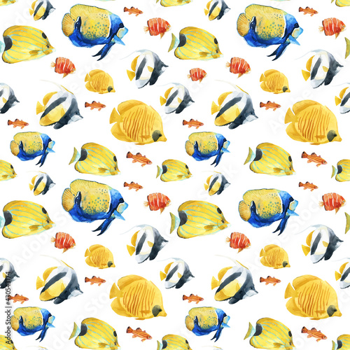 Beautiful vector seamless underwater pattern with cute watercolor colorful fish. Stock illustration.