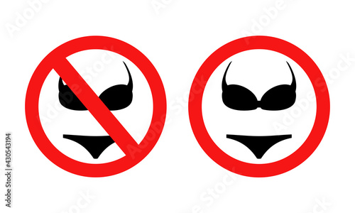 No bikini sign. Naturism. No entry in swimsuits.Nude people only. Illustration vector