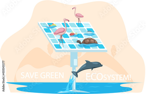 Alternative sources of energy. Production of green electricity without harm to environment. Creation of eco friendly energy. Save ecosystem concept. Solar panel with different sea creatures