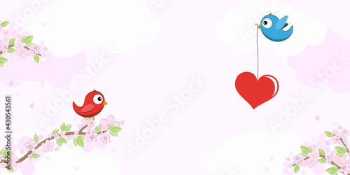 Birds in love on blossom branches