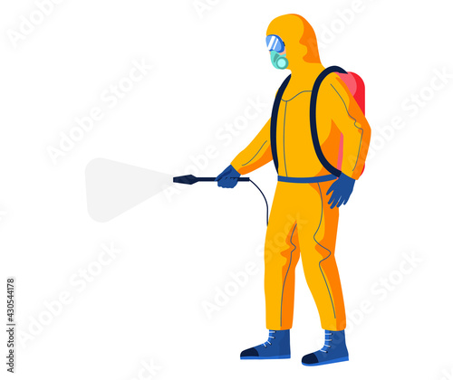 Disinfectant worker wearing hazmat suit is disinfecting. Preventive measures concept. Character in protective outfit cleaning pollution with special balloon on his back isolated on white background