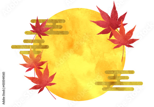満月と雲と紅葉の和風なお月見イメージの水彩風ベクターイラスト