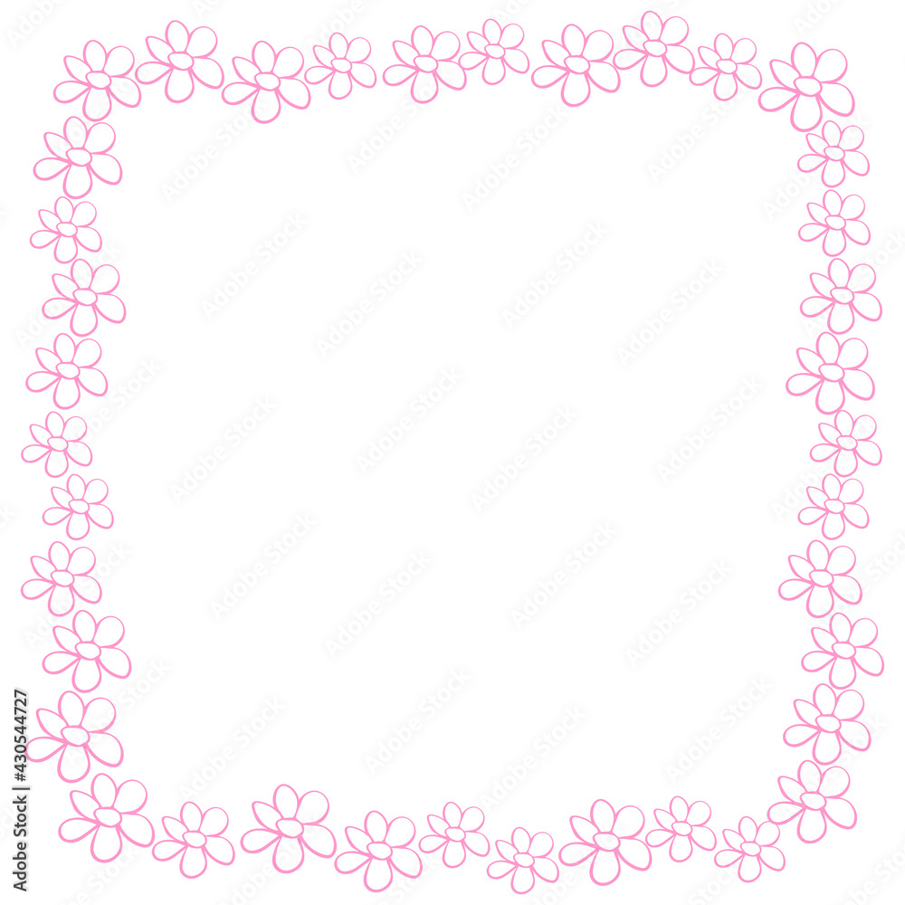 Vector hand drawn frame, border from black outline small flowers in doodle style. Cute simple primitive background, decoration for invitation, greeting card, wedding