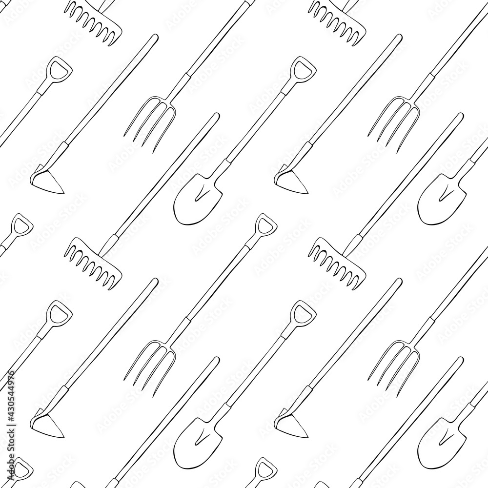 Naklejka premium Seamless pattern with garden equipments: shovels, spades, rakes, hoes, pitchforks. Vector backgrounds and textures with tools for working on the farm, in dacha, country site in flat doodle style
