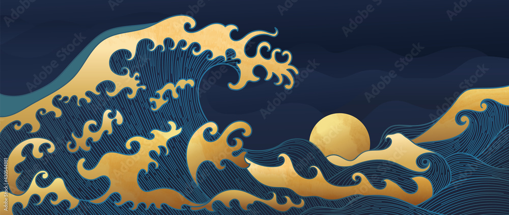 Gold abstract line arts background vector. Japanese wave oriental style background. Luxury wall paper design for prints, wall arts and home decoration, cover and packaging design. Gold abstract line arts background vector. Japanese wave oriental style background. Luxury wall paper design for prints, wall arts and home decoration, cover and packaging design.