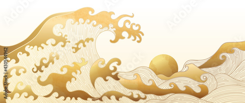 Gold abstract line arts background vector. Japanese wave oriental style background. Luxury wall paper design for prints, wall arts and home decoration, cover and packaging design.