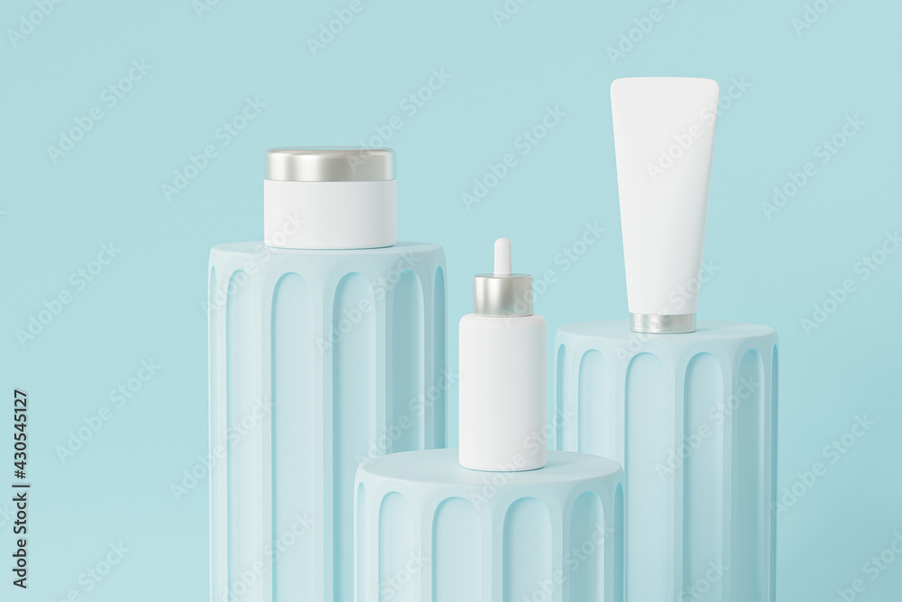 Mockup dropper bottle, lotion tube and cream jar for cosmetics products or advertising on blue podiums, 3d illustration render