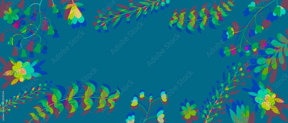 Sfondo banner azzurro con le foglie verdi e fiori 