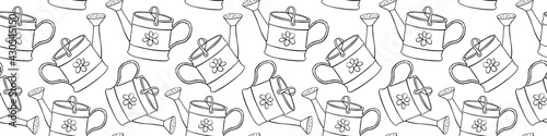 Seamless pattern with watering cans. Hand drawn outline vector background and texture in doodle style, isolated. Gardening tools for working in the garden, on the farm, in the dacha, country site