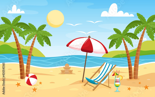 Deck chair and beach umbrella on the sand coast. Beach landscape. Sea background. Colorful summer design. Blank for postcards and banners. Vector illustration in flat style