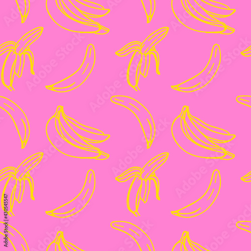 Vector seamless pattern with illustration of bananas in line art yellow color on a pink