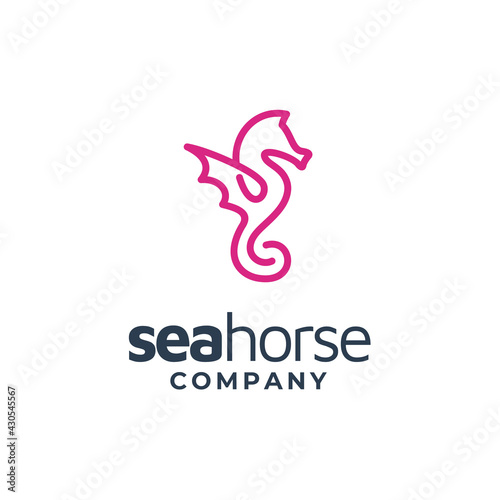 Simple mono line of Beautiful Seahorse ocean underwater creatures modern logo design