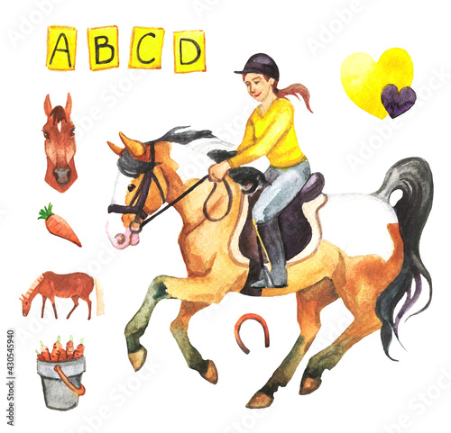 Watercolor hand drawn set for children about horses and horse riding