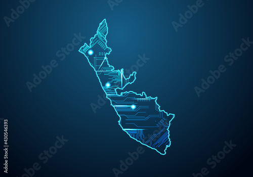 Abstract futuristic map of peru. Circuit Board Design Electric of the region. Technology background. mash line and point scales on dark with map.