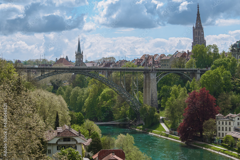 Aare river and Kornhausbrucke bridge in Bern, Switzerland