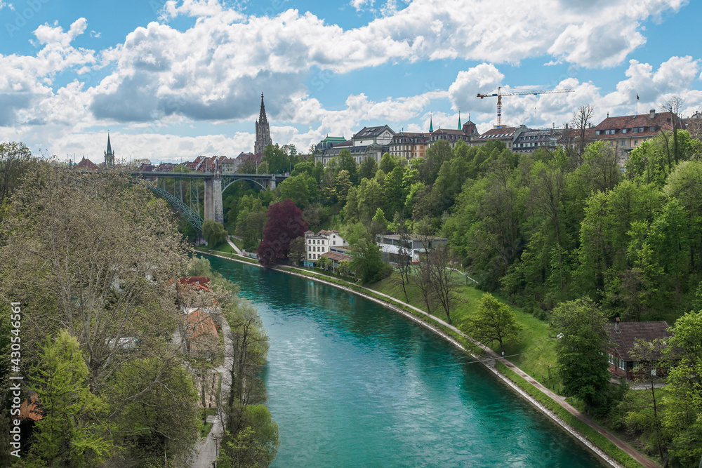 View of the Aare river and the Kornhausbrucke bridge in Bern, Switzerland