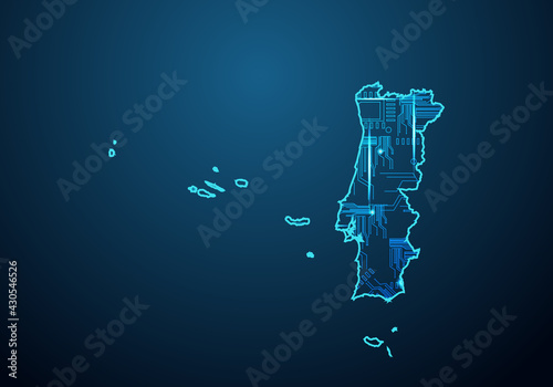 Abstract futuristic map of portugal. Circuit Board Design Electric of the region. Technology background. mash line and point scales on dark with map.