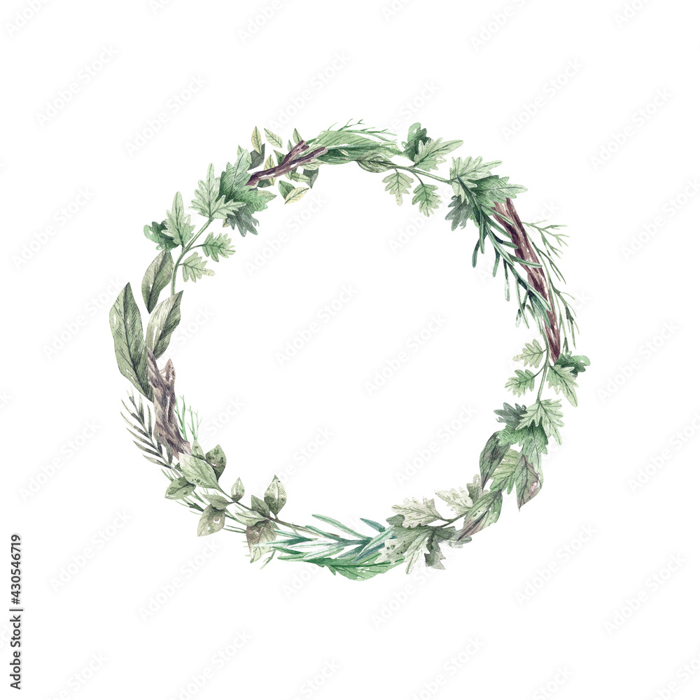 Fototapeta premium Watercolor greenery wreath, frame with green leaves and branches, for wedding stationary, greetings, wallpapers, fashion, healthy background. Green herbs, branches, leaves, spring wreath