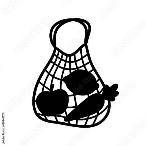 Silhouette icon of shopping string bag with fruits, vegetable. Reusable cotton accessory with apple, lemon, carrot. Hand drawn illustration of zero waste theme. Black isolated vector, white background