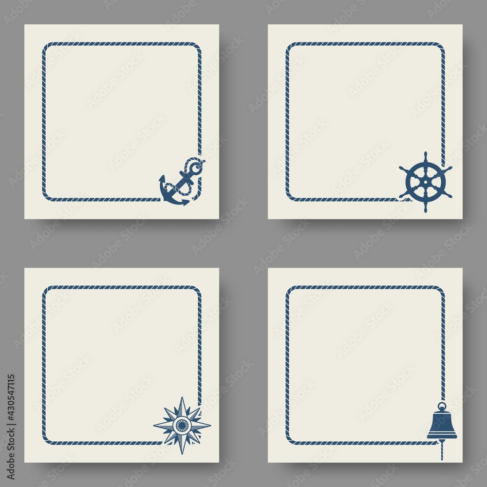 Marine backgrounds set with sea rope frame and naval symbols