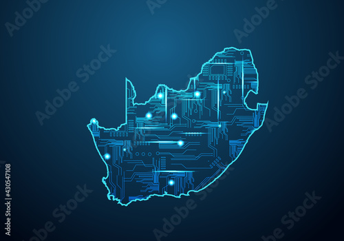 Abstract futuristic map of South Africa. Circuit Board Design Electric of the region. Technology background. mash line and point scales on dark with map.