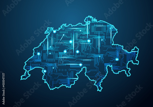 Abstract futuristic map of switzerland. Circuit Board Design Electric of the region. Technology background. mash line and point scales on dark with map.