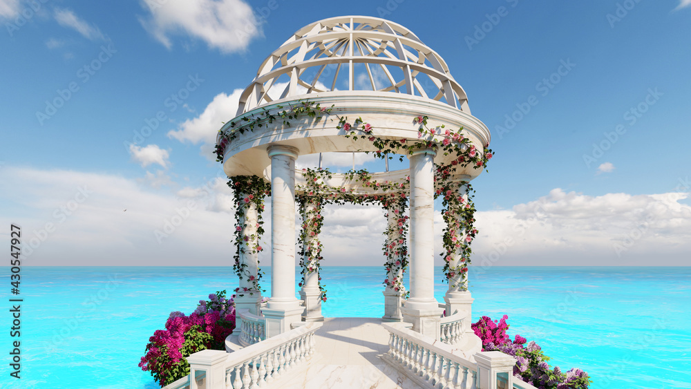 Stone marble Pavilion with sea  background