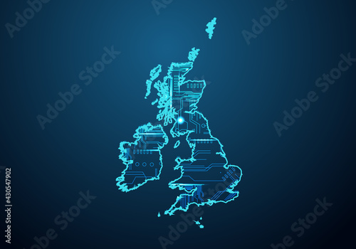 Abstract futuristic map of united Kingdom. Circuit Board Design Electric of the region. Technology background. mash line and point scales on dark with map.