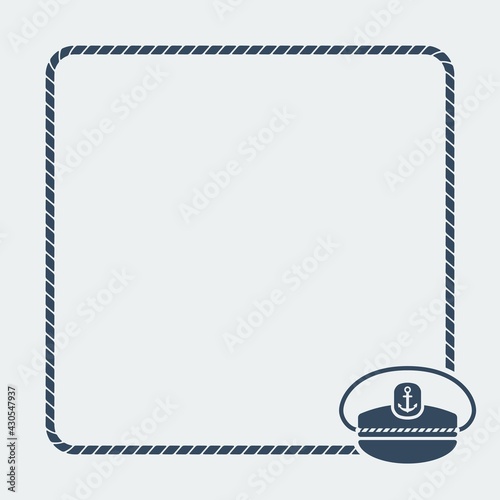 Marine background. Sea rope frame with captain's cap
