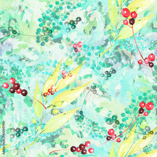 seamless watercolor pattern of autumn leaves. maple and oak leaf. stylish pattern. Abstract paint splash. Vintage Paper Background. autumn leaf.Berries, currants, lingonberries.Grapevine and leaves. 