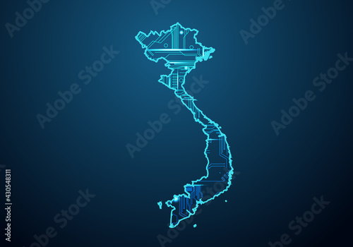 Abstract futuristic map of vietnam. Circuit Board Design Electric of the region. Technology background. mash line and point scales on dark with map.