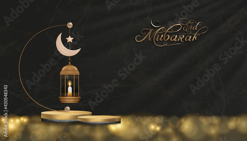 Eid mubarak card with 3d goldren Podium with crescent moon, raditional islamic lantern, candles,Banner for Product Showcase,Presentation,Ramadan Kareem Sales,Muslim community festival