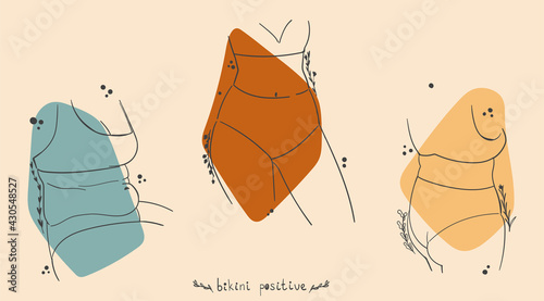 A set of three illustrations with various lovely girls in lingerie, bikinis. Body positive summer minimalist outline drawings. Attractive body parts of girls. Girly backgrounds for social media.