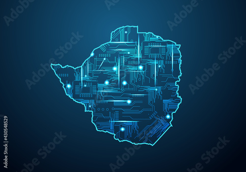 Abstract futuristic map of zimbabwe. Circuit Board Design Electric of the region. Technology background. mash line and point scales on dark with map.