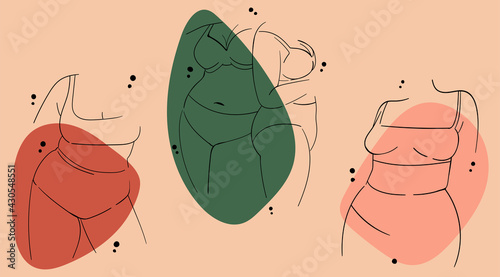 A set of three illustrations with various lovely girls in lingerie, bikinis. Body positive summer minimalist outline drawings. Attractive body parts of girls. Girly backgrounds for social media.